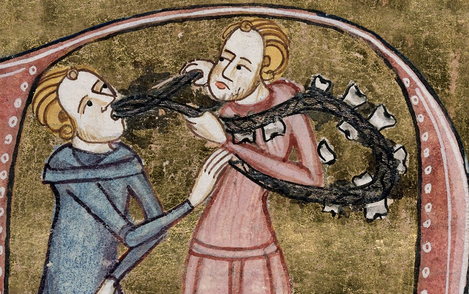 Miniature on a initial “D” with a scene representing teeth (dentes). A dentist with silver forceps and a necklace of large teeth, extracting the tooth of a seated man. Originally published in James le Palmer, Omne Bonum (London, 1360–75). Wikimedia Commons. Public domain. This image has been cropped and edited.